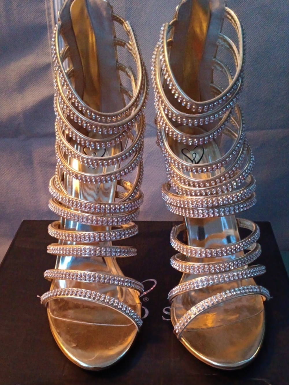 Gold Rhinestone Strappy High Heel Sandals - Women